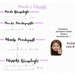 Ilustracja przedstawia definicje prostych i odcinków: równoległych i prostopadłych. Linie równoległe są pokazane jako dwie linie obok siebie.
