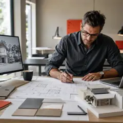 Architekt pracuje nad projektem domu, korzystając z twierdzenia Talesa do precyzyjnych obliczeń. Na biurku modele, plany i wizualizacje.