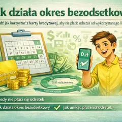 Młody mężczyzna pokazuje telefon z 0 zł i kciukiem w górę, obok karta kredytowa, pieniądze i kalendarz. Ilustracja wyjaśnia wariacje okresu bezodsetkowego.