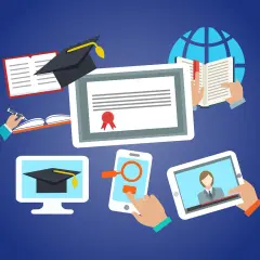 Ilustracja przedstawia elementy nauczania zdalnego: dyplom, książki, czapkę absolwenta, tablet, smartfon i globus.