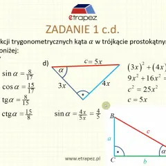 Zadanie 1 c.d. pokazuje definicję sinusa i innych funkcji trygonometrycznych w trójkątach prostokątnych.