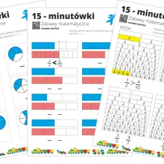 Zabawy matematyczne z dodawaniem ułamków na kolorowych planszach. Dzieci porównują ułamki i uzupełniają zadania.