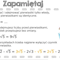 Ilustracja z tekstem "Zapamiętaj" i przykładami działań na pierwiastkach.