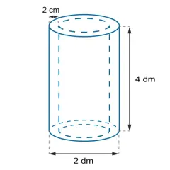 Schemat walca z wymiarami: promień 2 cm, wysokość 4 dm, średnica 2 dm. Oblicz objętość walca.
