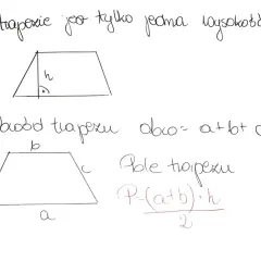 Rysunek przedstawia czworokąt - trapez, z zaznaczoną wysokością (h) i wzorami na obwód (a+b+c+d) i pole P = ((a+b)*h)/2.