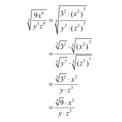 Matematyczne działania na pierwiastkach, upraszczające wyrażenie z potęgami i pierwiastkami sześciennymi.