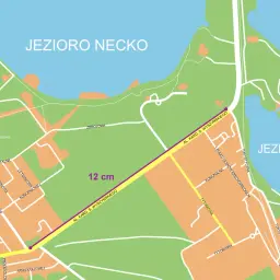 Mapa przedstawia fragment miasta z jeziorami i ulicami. Skala 1:10 000 pokazuje, że 1 cm na mapie to 100 metrów w rzeczywistości.