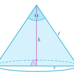 Geometryczny stożek z zaznaczonymi wysokością (h), promieniem podstawy (r), tworzącą (l) i katem α.