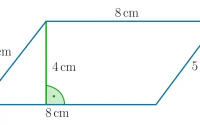Równoległobok o bokach 5 cm i 8 cm. Wysokość równoległoboku wynosi 4 cm, zaznaczona zieloną linią prostopadłą do podstawy.