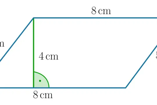 Równoległobok o bokach 5 cm i 8 cm. Wysokość równoległoboku wynosi 4 cm, zaznaczona zieloną linią prostopadłą do podstawy.