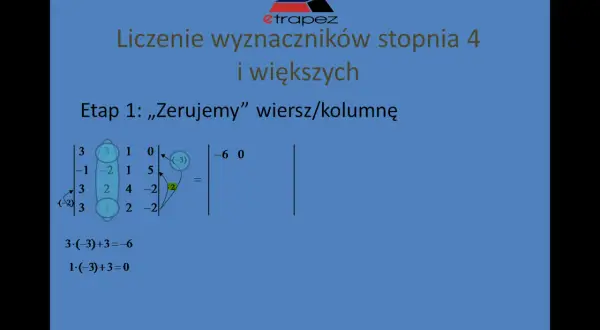 Obliczenia wyznacznik macierzy. Etap 1: zerowanie wiersza/kolumny. Widać macierz 3x3 i jej przekształcenie.