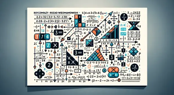 Rozkład wielomianu na czynniki, przedstawiony jako skomplikowany diagram matematyczny z liczbami, symbolami i strzałkami.