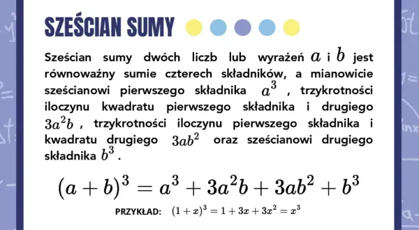 Wzory skróconego mnożenia: Sześcian sumy (a+b)³ = a³ + 3a²b + 3ab² + b³. Przykład: (1+x)³.