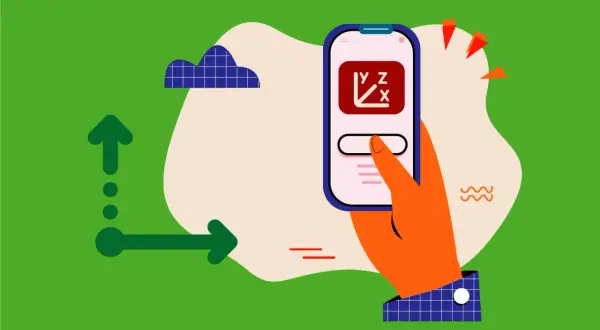 Dłoń trzyma smartfon z ikoną układu współrzędnych, pokazującą ćwiartki układu współrzędnych. Strzałki symbolizują ruch.