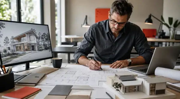 Architekt pracuje nad projektem domu, korzystając z twierdzenia Talesa do precyzyjnych obliczeń. Na biurku modele, plany i wizualizacje.