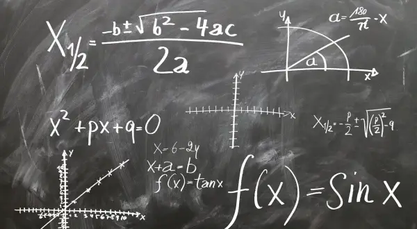 Tablica z równaniami, wykresami i wzorami matematycznymi, w tym mnożenie pierwiastków.