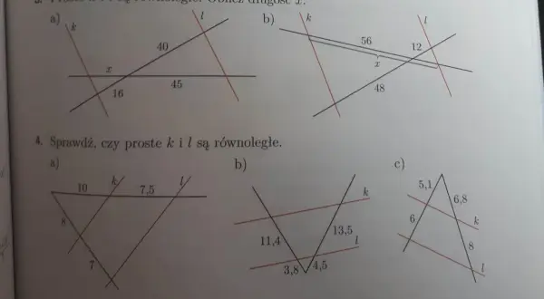 Rysunki geometryczne z zadaniami dotyczącymi prostych równoległych i ich długości.