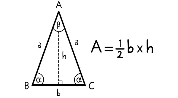 Trójkąt równoboczny z oznaczeniami boków i kątów. Obok wzór na pole: A = ½ b × h.