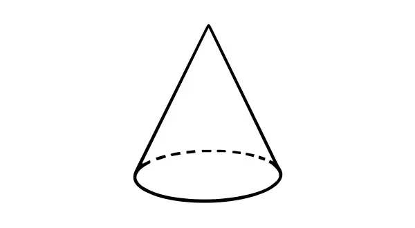 Prosty rysunek geometryczny przedstawiający stożek. Widoczna podstawa w kształcie koła (przerywana linia) i wierzchołek.