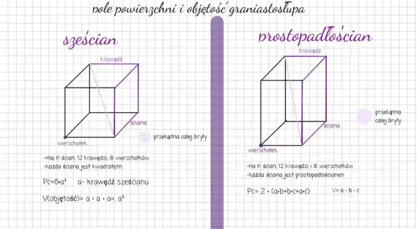 Ilustracja porównuje sześcian i prostopadłościan, pokazując ich bryły, krawędzie, ściany i wierzchołki.