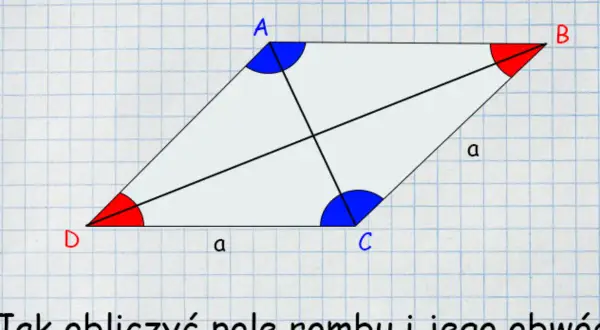 Ilustracja rombu ABCD z zaznaczonymi kątami i bokiem 'a'. Pokazuje podstawowe własności rombu.
