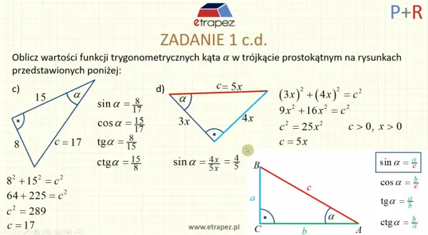 Zadanie 1 c.d. pokazuje definicję sinusa i innych funkcji trygonometrycznych w trójkątach prostokątnych.
