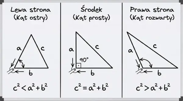 Trzy trójkąty ilustrują twierdzenie odwrotne do twierdzenia Pitagorasa: ostrokątny (c² < a²+b²), prostokątny (c² = a²+b²) i rozwartokątny (c² > a²+b²).
