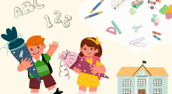 Dzieci z rożkami szkolnymi, gotowe na naukę. W tle litery ABC, cyfry 123 i przybory szkolne, jak kredki, nożyczki, linijka, farby. To początek przygody z nauką, gdzie odejmowanie jest tylko jednym z wielu wyzwań.