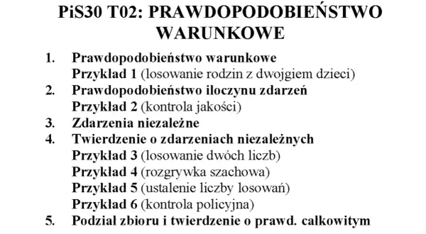 Slajd z wykładu o prawdopodobieństwie warunkowym, zawierający spis treści z przykładami, np. losowanie rodzin z dziećmi.