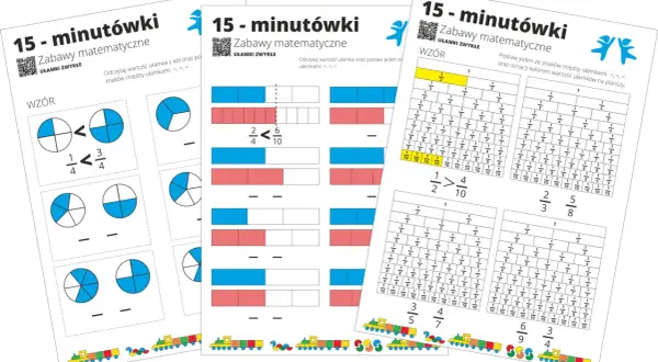 Zabawy matematyczne z dodawaniem ułamków na kolorowych planszach. Dzieci porównują ułamki i uzupełniają zadania.