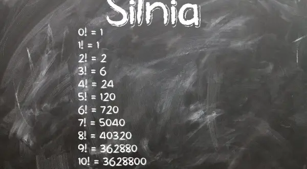 Napis "Silnia" i lista obliczeń silni od 0! do 10! na tablicy.
