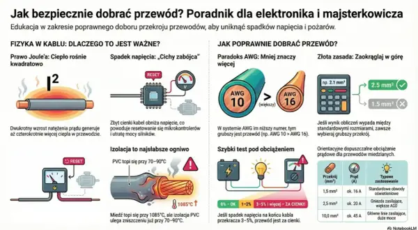Ilustracja pokazuje, jak dobrać przewód, uwzględniając prawo Joule'a, spadek napięcia i paradoks AWG. Złota zasada to wybór większego przekroju, gdy wynik jest między standardowymi rozmiarami. Na skali widać dopuszczalne obciążenia prądowe.