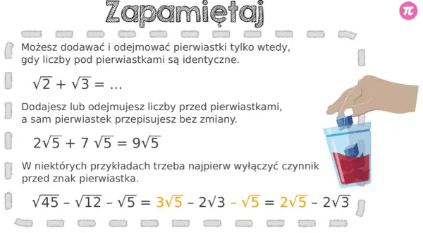Ilustracja z tekstem "Zapamiętaj" i przykładami działań na pierwiastkach.