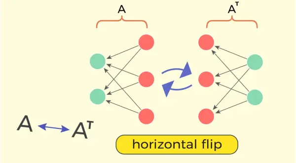 Grafika ilustruje operację "horizontal flip" między dwoma sieciami neuronowymi, gdzie jedna reprezentuje macierz A, a druga jej macierz transponowana Aᵀ.