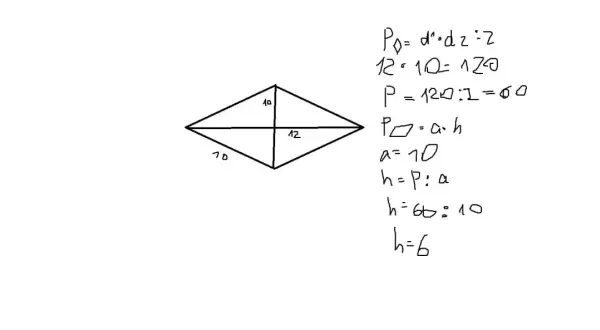Rysunek rombu z zaznaczonymi długościami boków i przekątnych oraz wzory matematyczne.