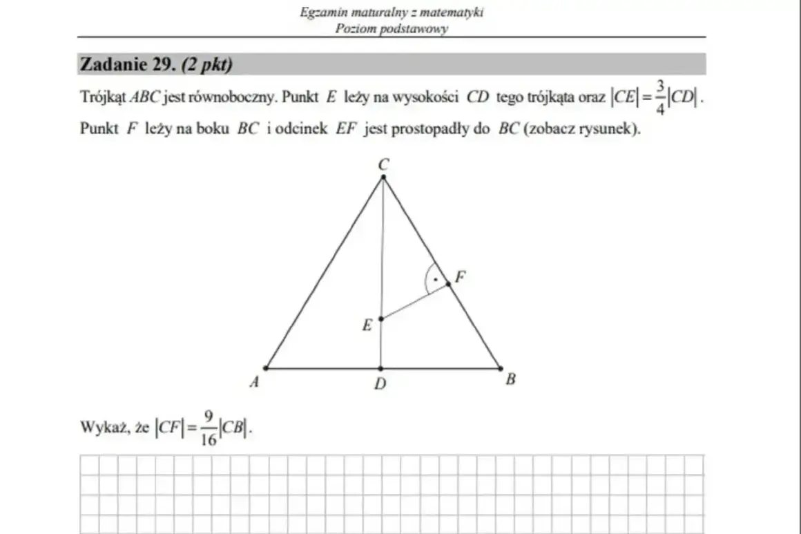 Trójkąt równoboczny ABC z punktem E na wysokości CD, gdzie |CE|=3/4|CD|. Punkt F leży na boku BC, a EF jest prostopadłe do BC. Wykaż, że |CF|=9/16|CB|.