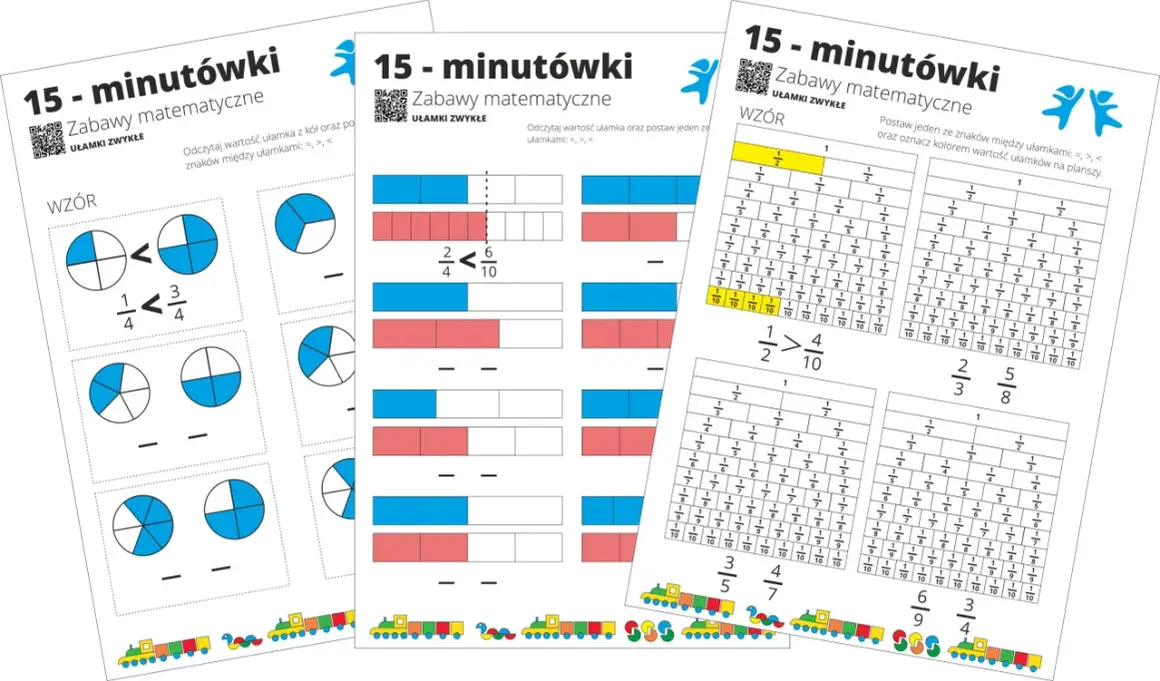Zabawy matematyczne z dodawaniem ułamków na kolorowych planszach. Dzieci porównują ułamki i uzupełniają zadania.
