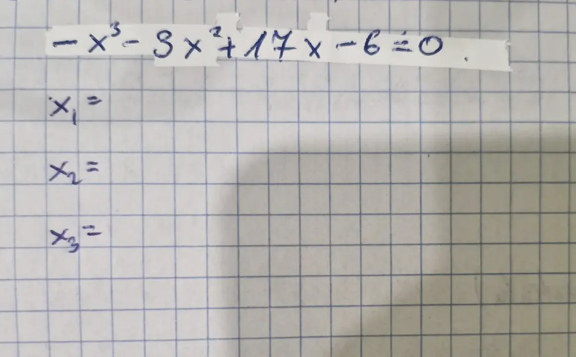 Równanie -x³-3x²+17x-6=0. Obliczanie pierwiastków x₁, x₂, x₃, zgodnie z twierdzeniem Bezouta.