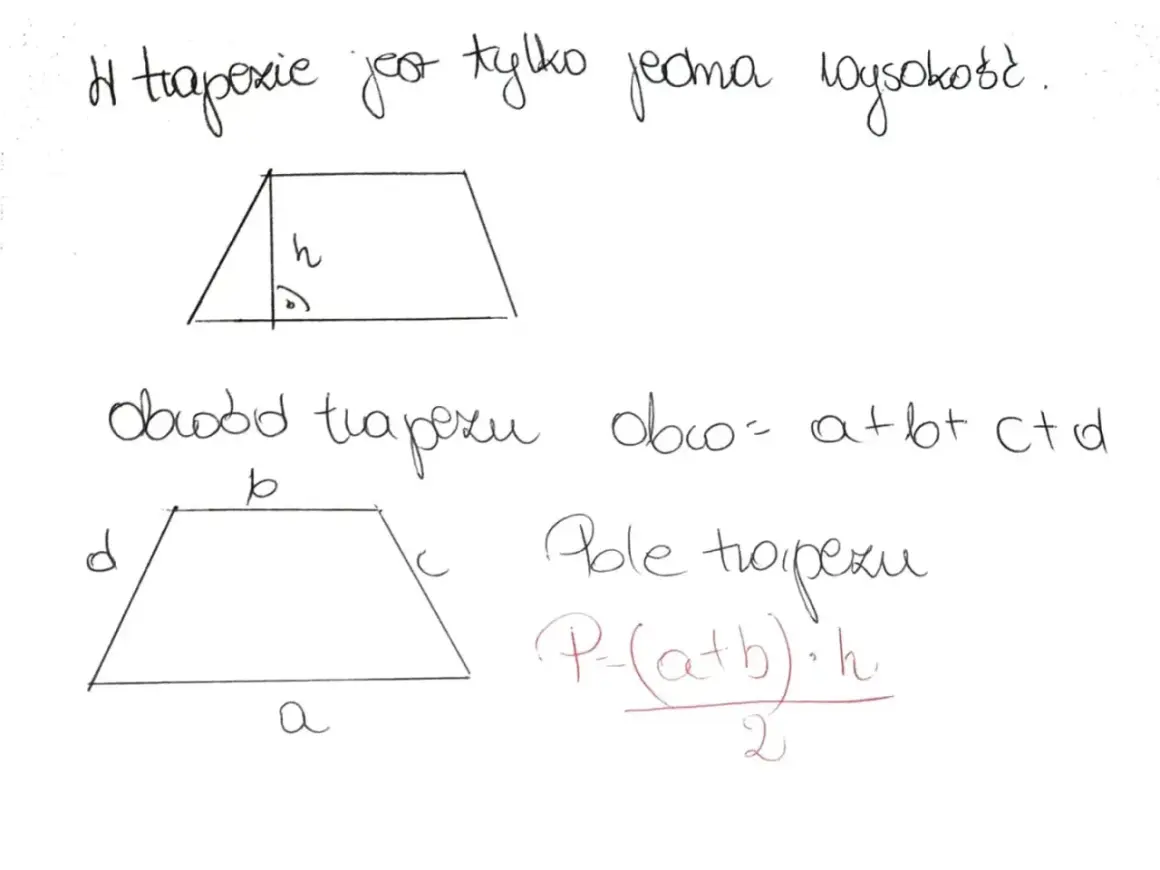 Rysunek przedstawia czworokąt - trapez, z zaznaczoną wysokością (h) i wzorami na obwód (a+b+c+d) i pole P = ((a+b)*h)/2.