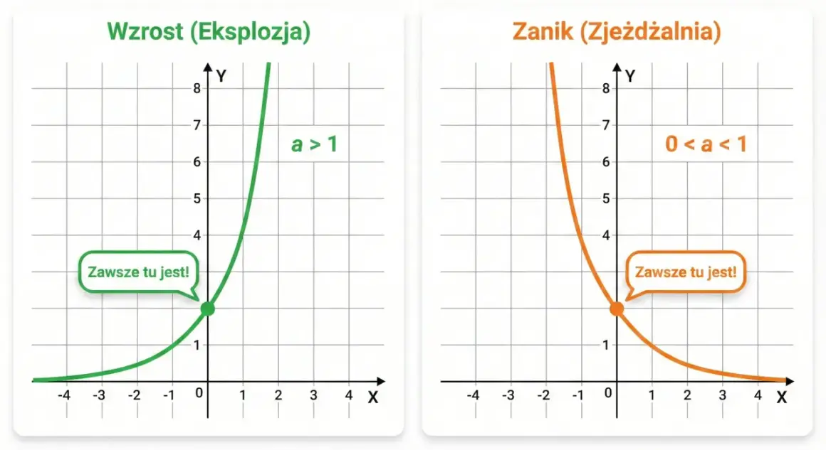 Wykresy ilustrujące funkcję wykładniczą: wzrost (a>1) i zanik (0<a<1).