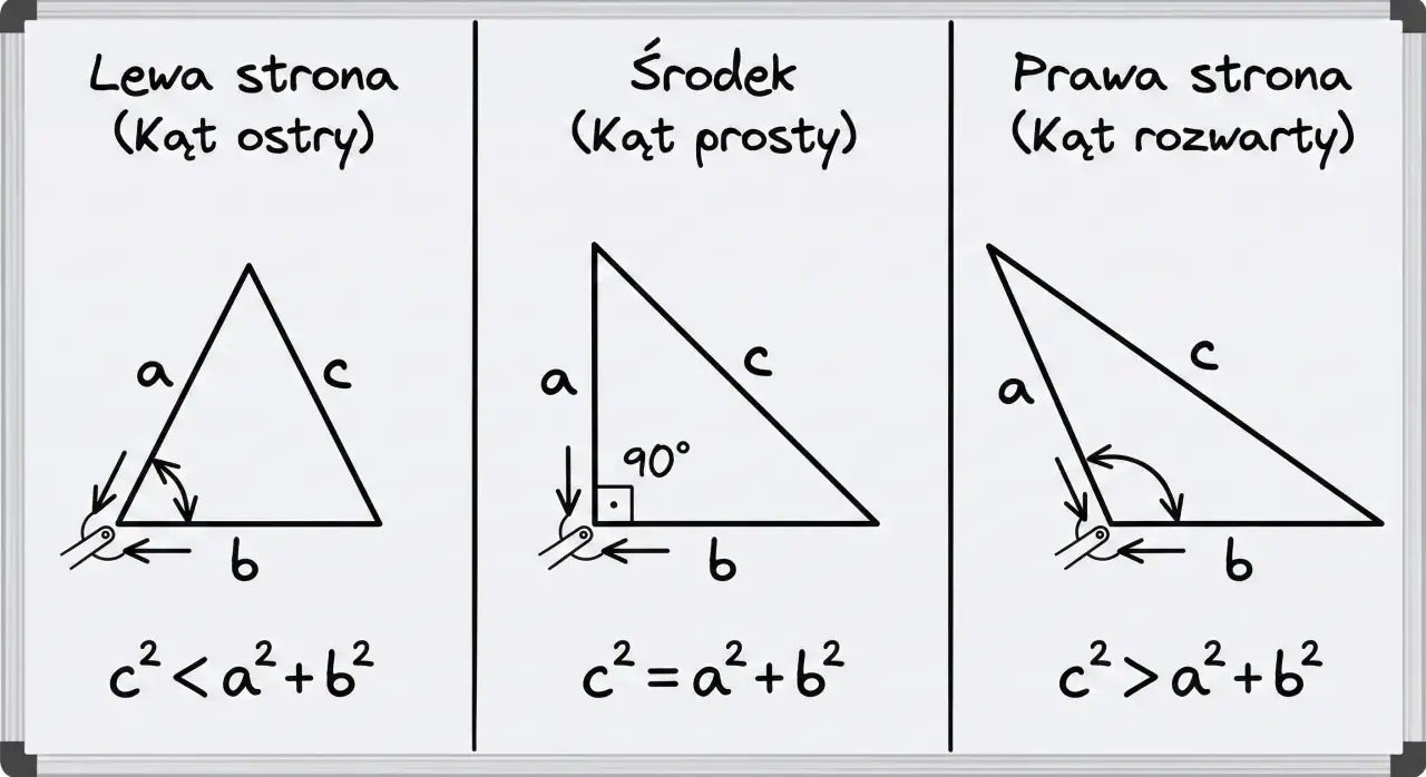 Trójkąt rozwartokątny po prawej stronie ma kąt rozwarty, a jego wzór to c² > a² + b².