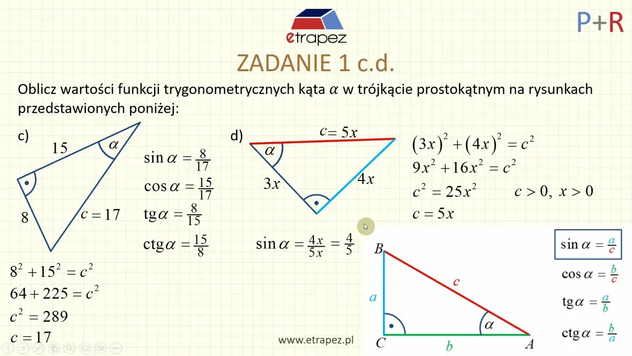 Definicja sinusa w trójkącie prostokątnym: przykład c) pokazuje trójkąt z bokami 8, 15, 17, gdzie sin α = 8/17.
