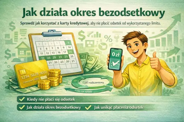 Młody mężczyzna pokazuje telefon z 0 zł i kciukiem w górę, obok karta kredytowa, pieniądze i kalendarz. Ilustracja wyjaśnia wariacje okresu bezodsetkowego.