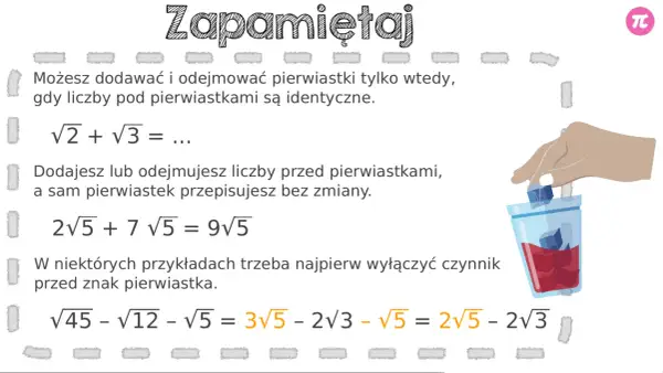 Ilustracja z tekstem "Zapamiętaj" i przykładami działań na pierwiastkach.