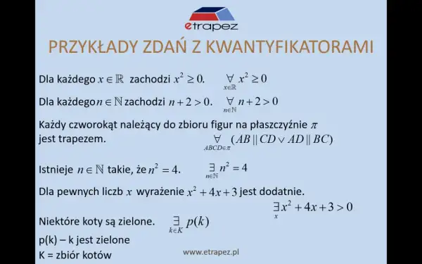 Przykłady zdań z kwantyfikatorami: dla każdego x, dla każdego n, każdy czworokąt, istnieje n, dla pewnych liczb x, niektóre koty.